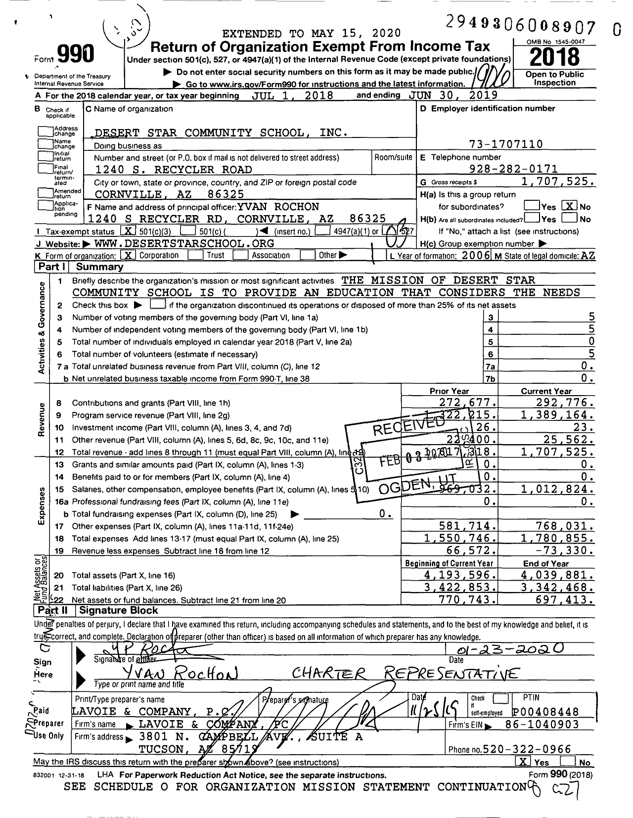 Image of first page of 2018 Form 990 for Desert Star Community School