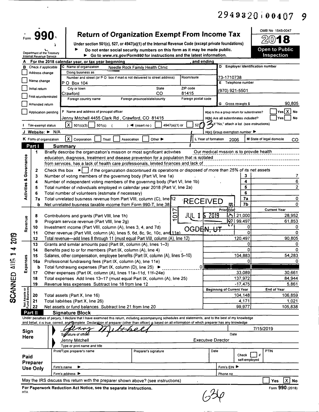 Image of first page of 2018 Form 990 for Needlerock Family Health Clinic