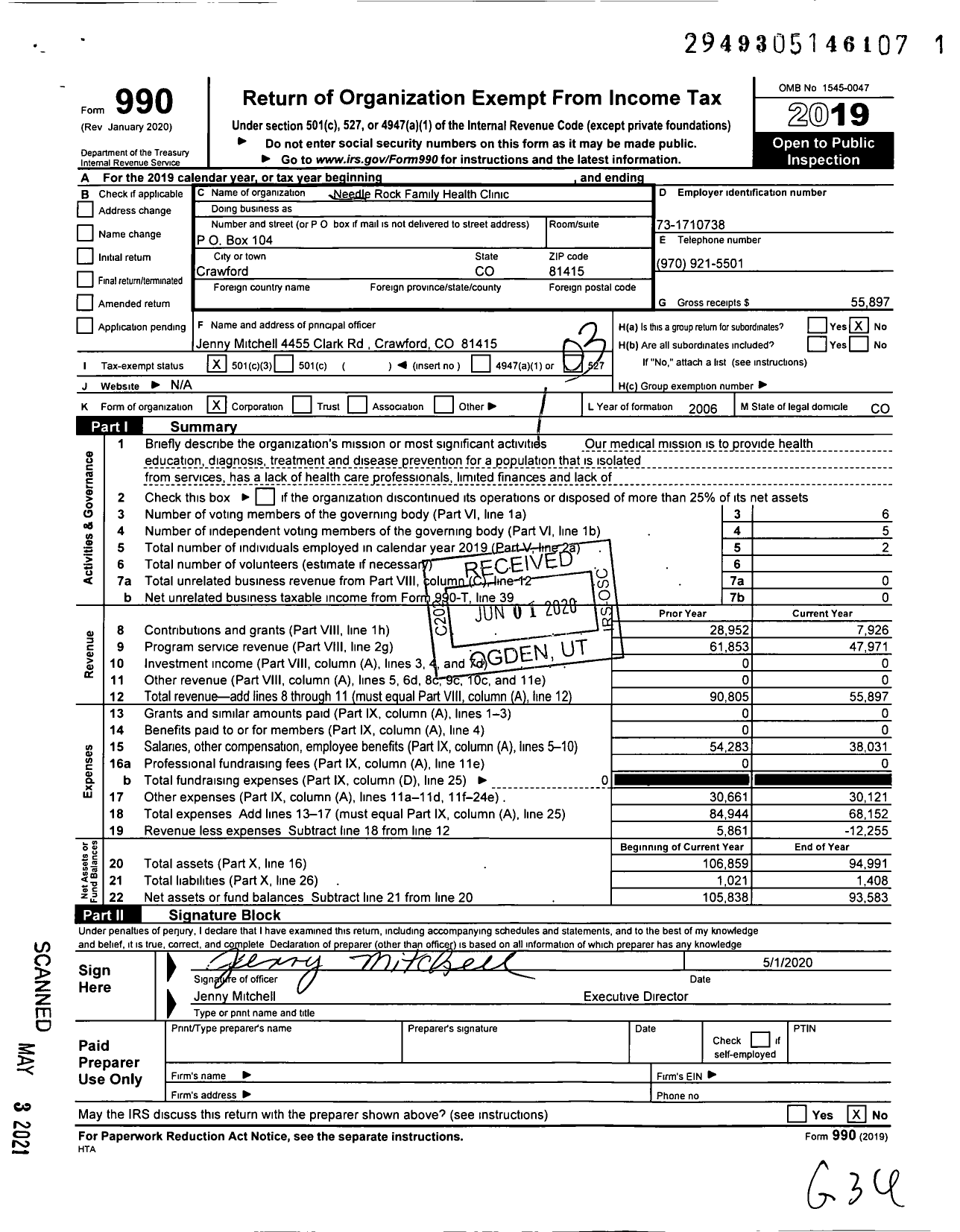 Image of first page of 2019 Form 990 for Needlerock Family Health Clinic