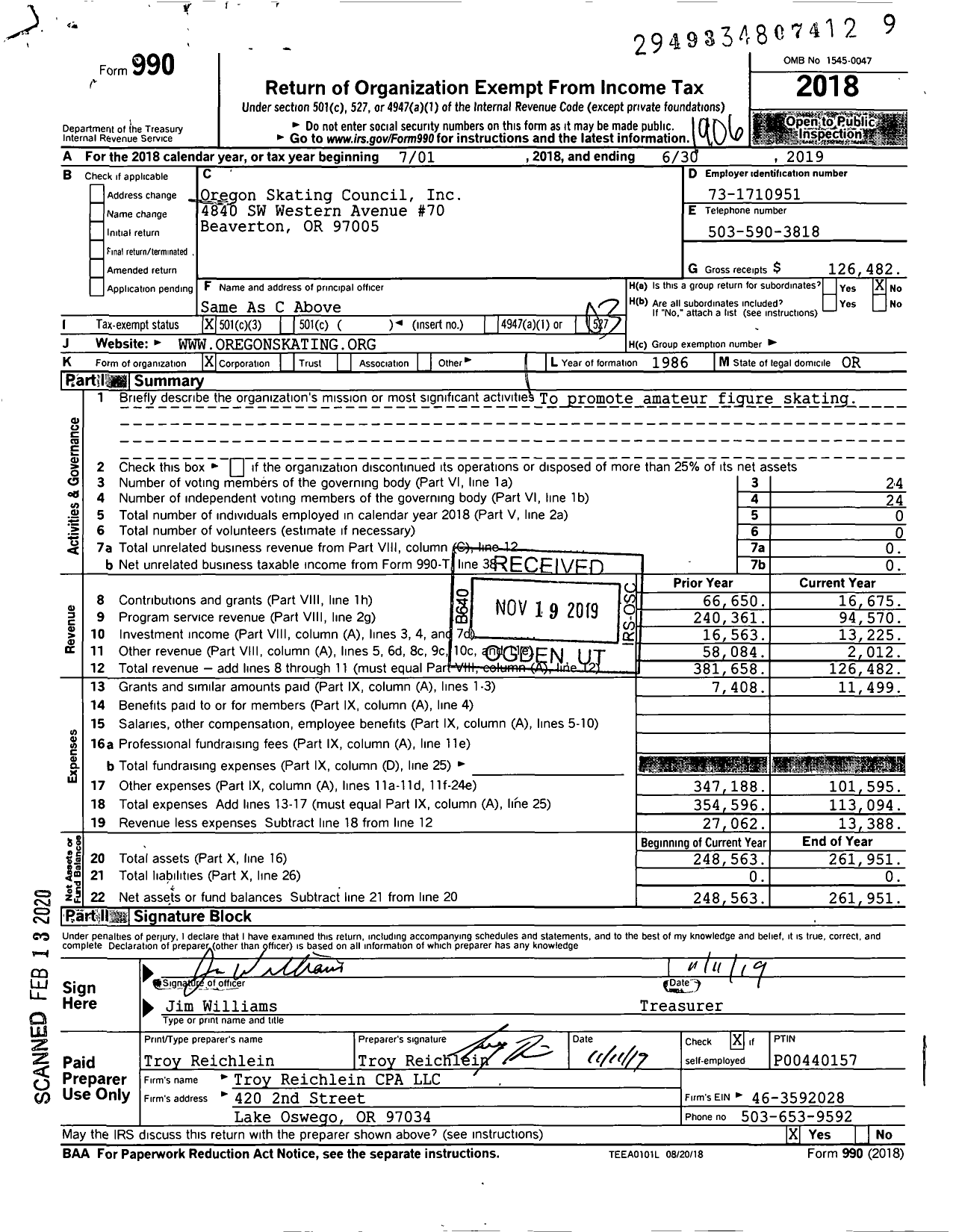 Image of first page of 2018 Form 990 for Oregon Skating Council