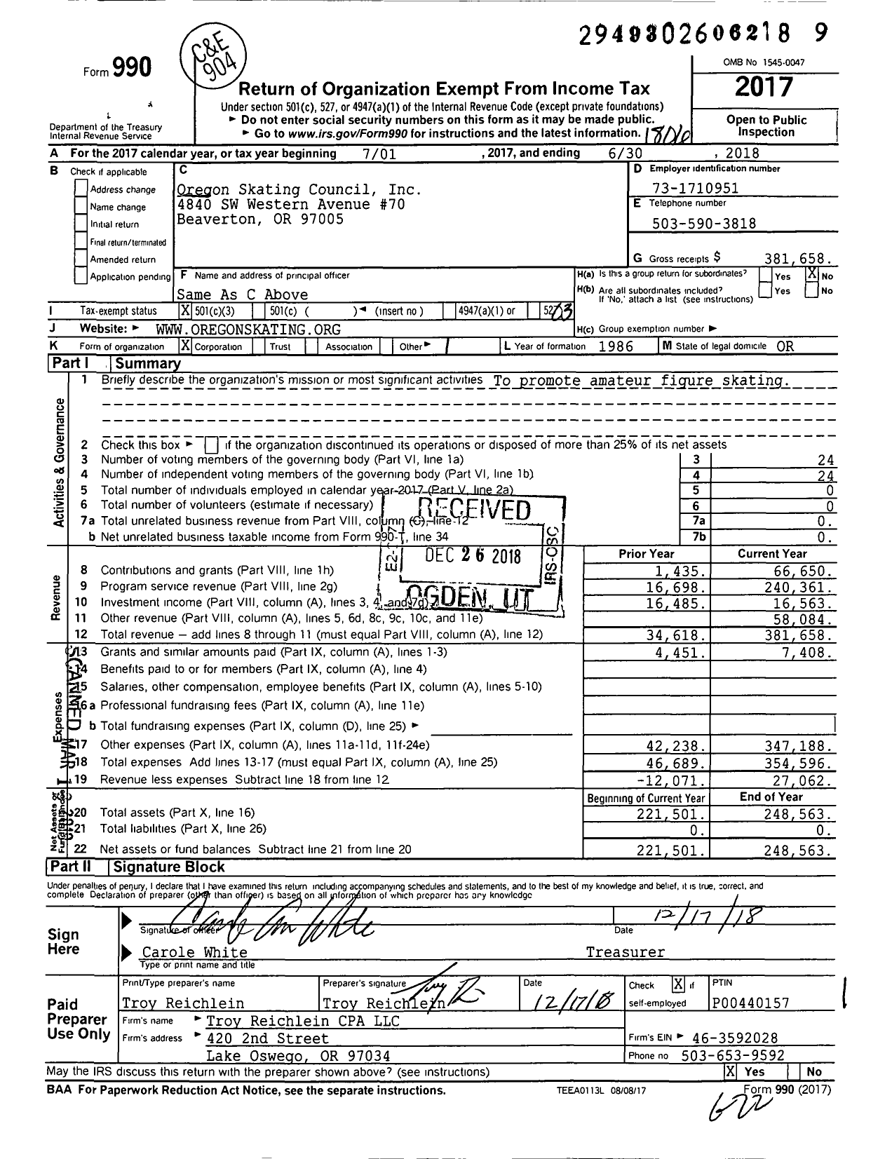 Image of first page of 2017 Form 990 for Oregon Skating Council