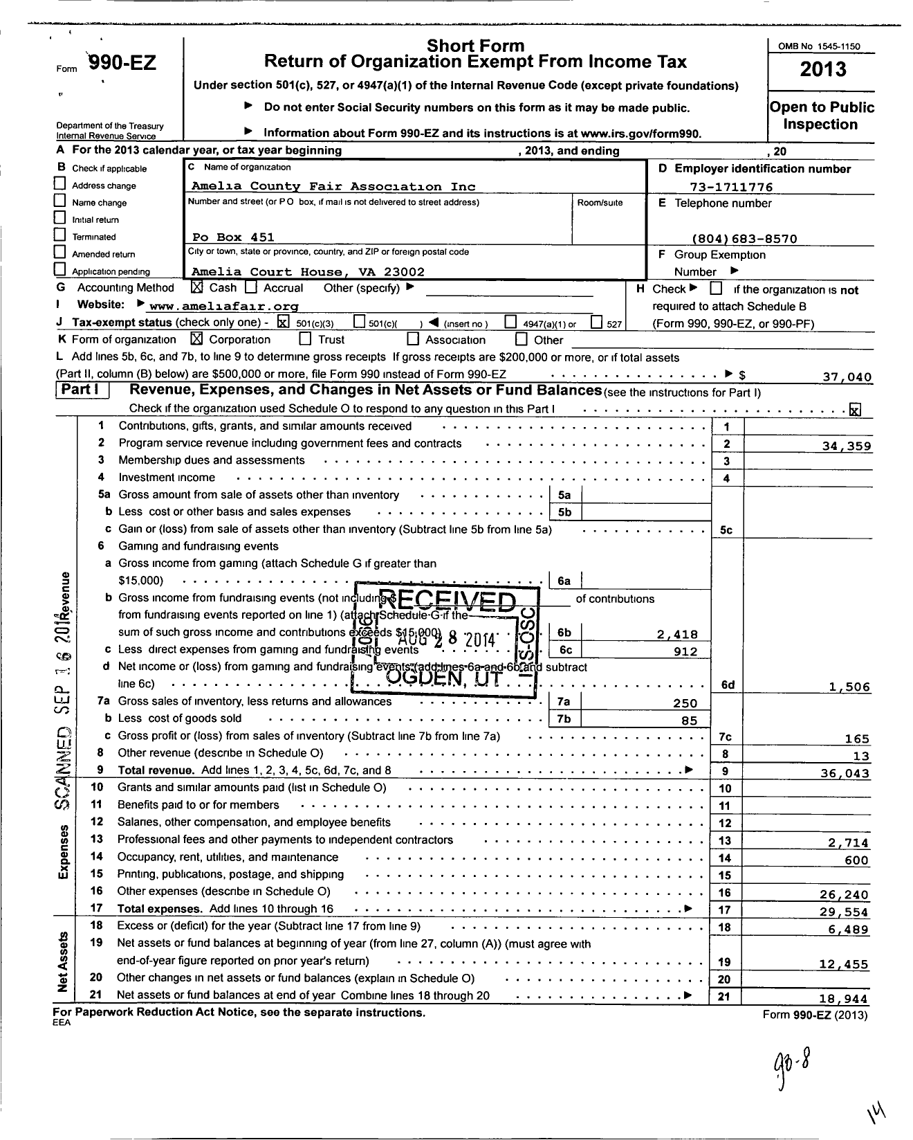 Image of first page of 2013 Form 990EZ for Amelia County Fair Association