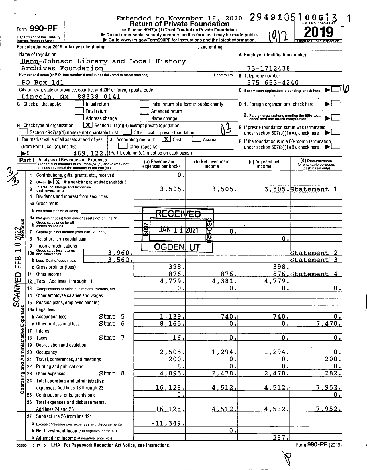 Image of first page of 2019 Form 990PF for Henn-Johnson Library and Local History Archives Foundation