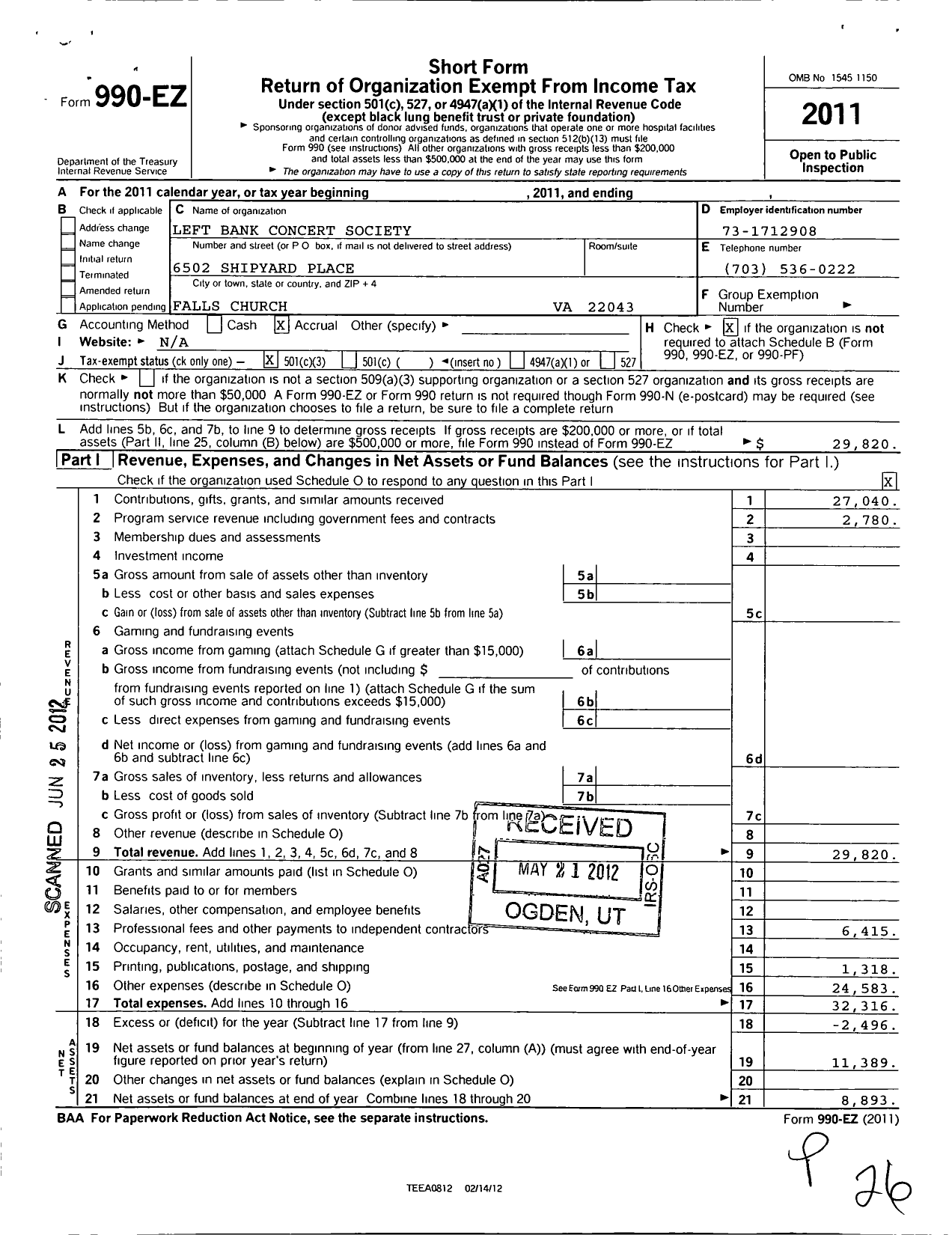 Image of first page of 2011 Form 990EZ for Left Bank Concert Society