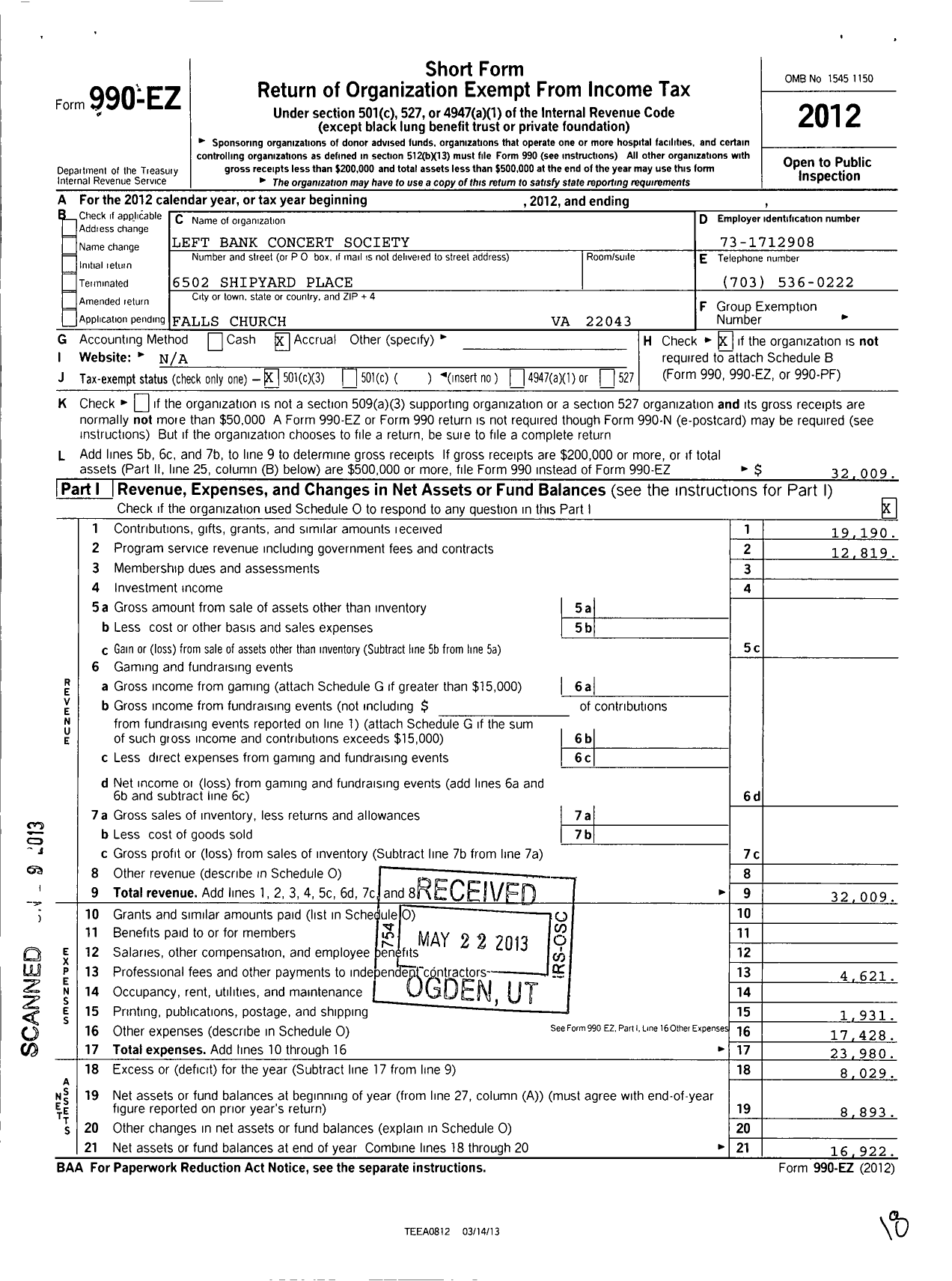 Image of first page of 2012 Form 990EZ for Left Bank Concert Society