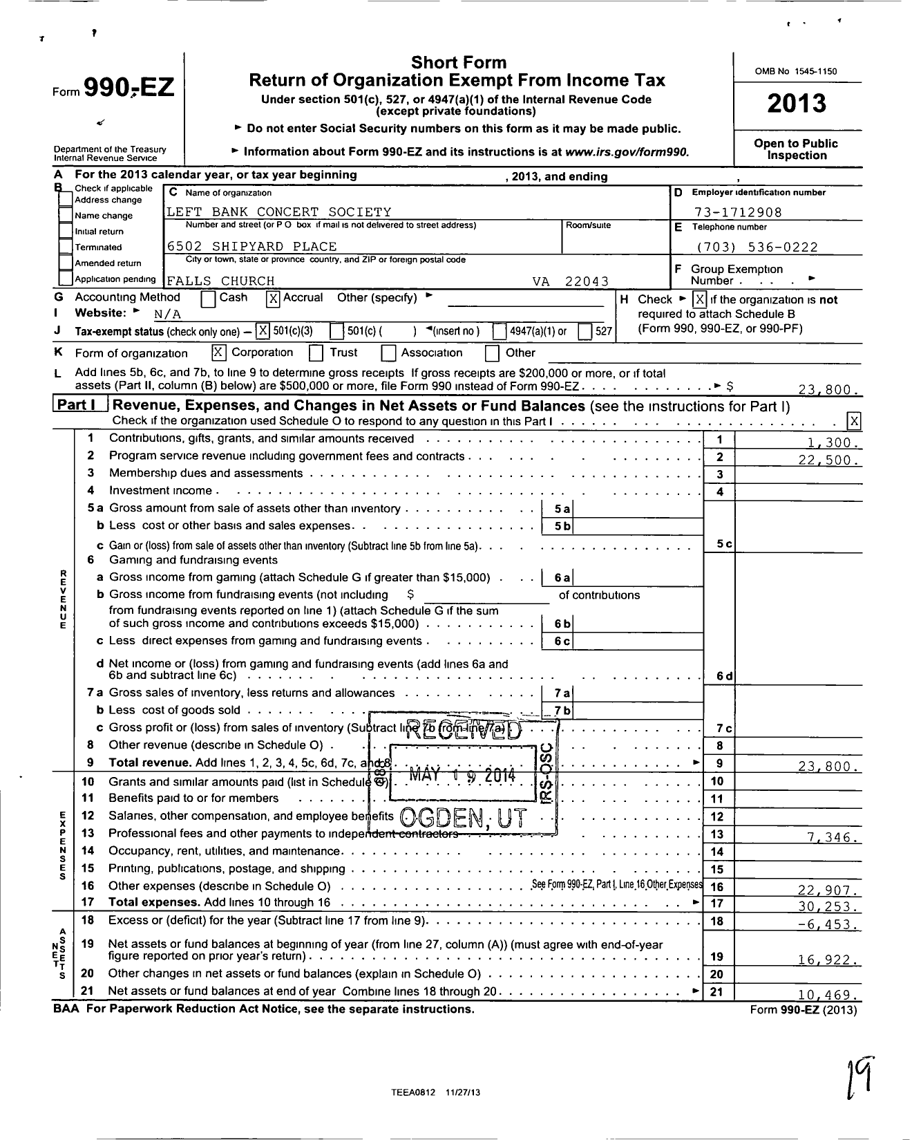 Image of first page of 2013 Form 990EZ for Left Bank Concert Society