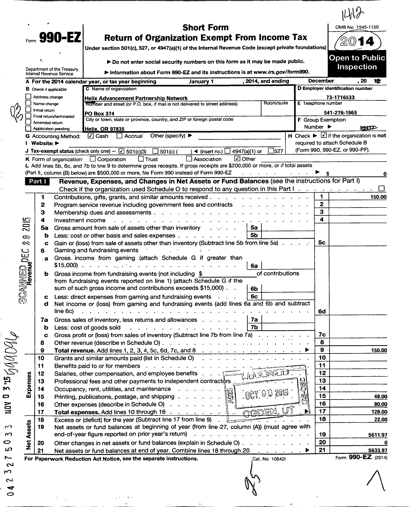 Image of first page of 2014 Form 990EZ for Helix Advancement Partnership Network