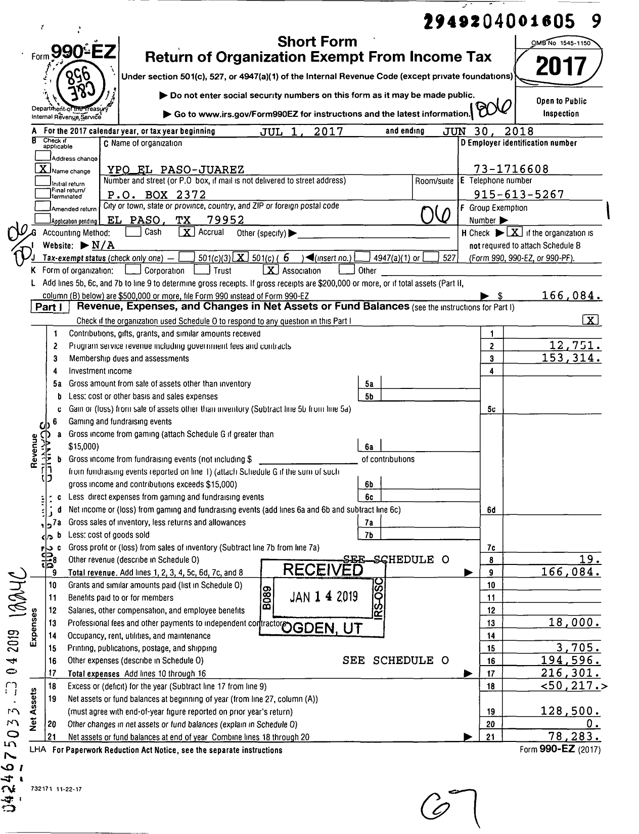 Image of first page of 2017 Form 990EO for YPO El Paso-Juarez