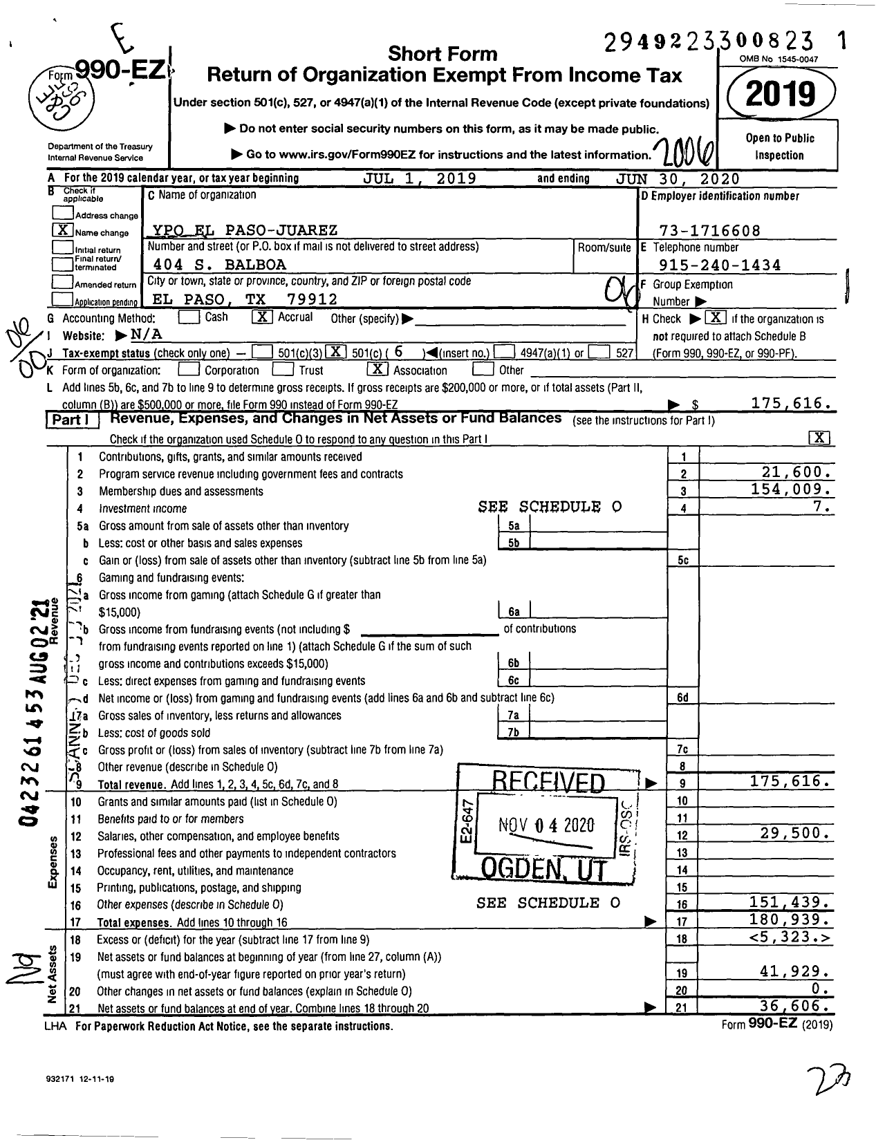 Image of first page of 2019 Form 990EO for YPO El Paso-Juarez