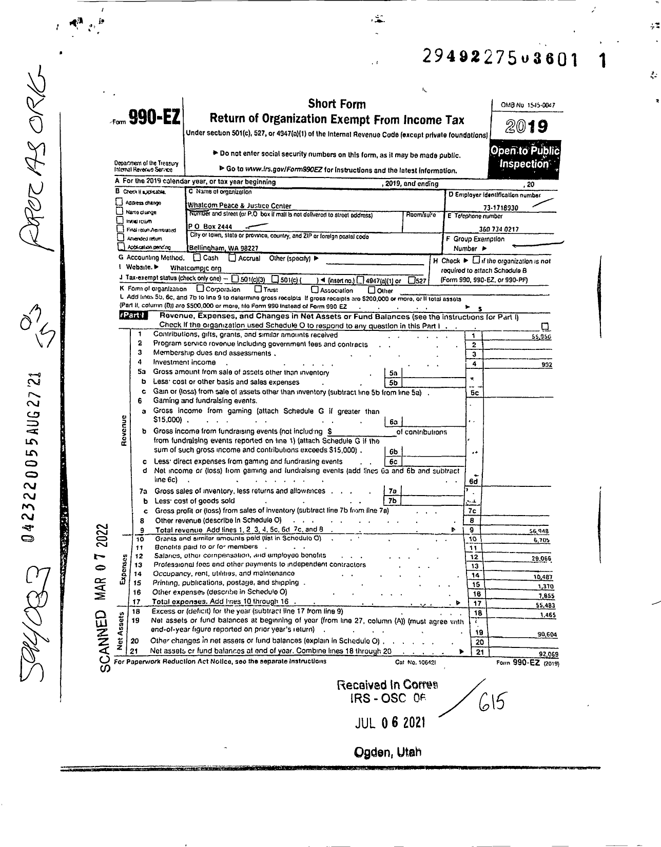 Image of first page of 2019 Form 990EZ for Whatcom Peace and Justice Center