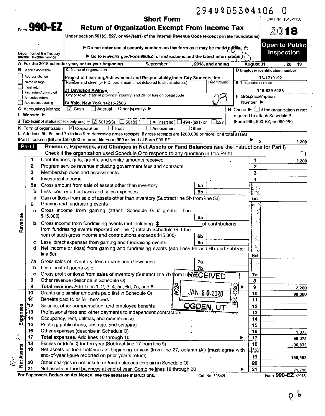 Image of first page of 2018 Form 990EZ for Project of Learning Achievement and Responsibility