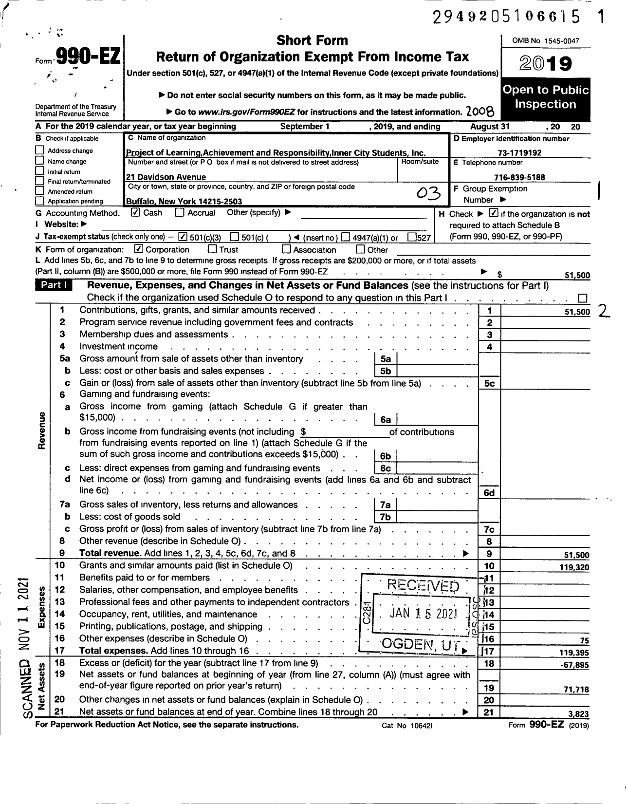 Image of first page of 2019 Form 990EZ for Project of Learning Achievement and Responsibility