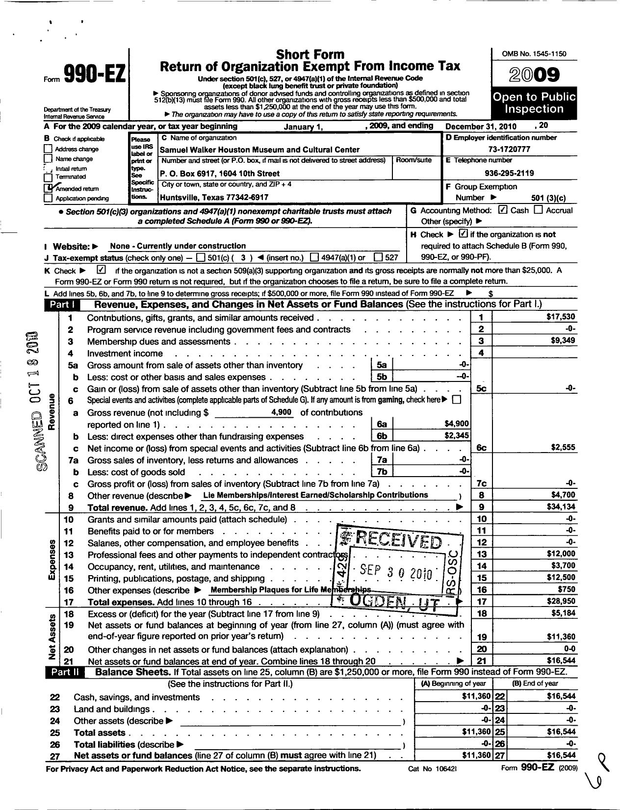 Image of first page of 2010 Form 990EZ for Samuel Walker Houston Museum and Cultural Center