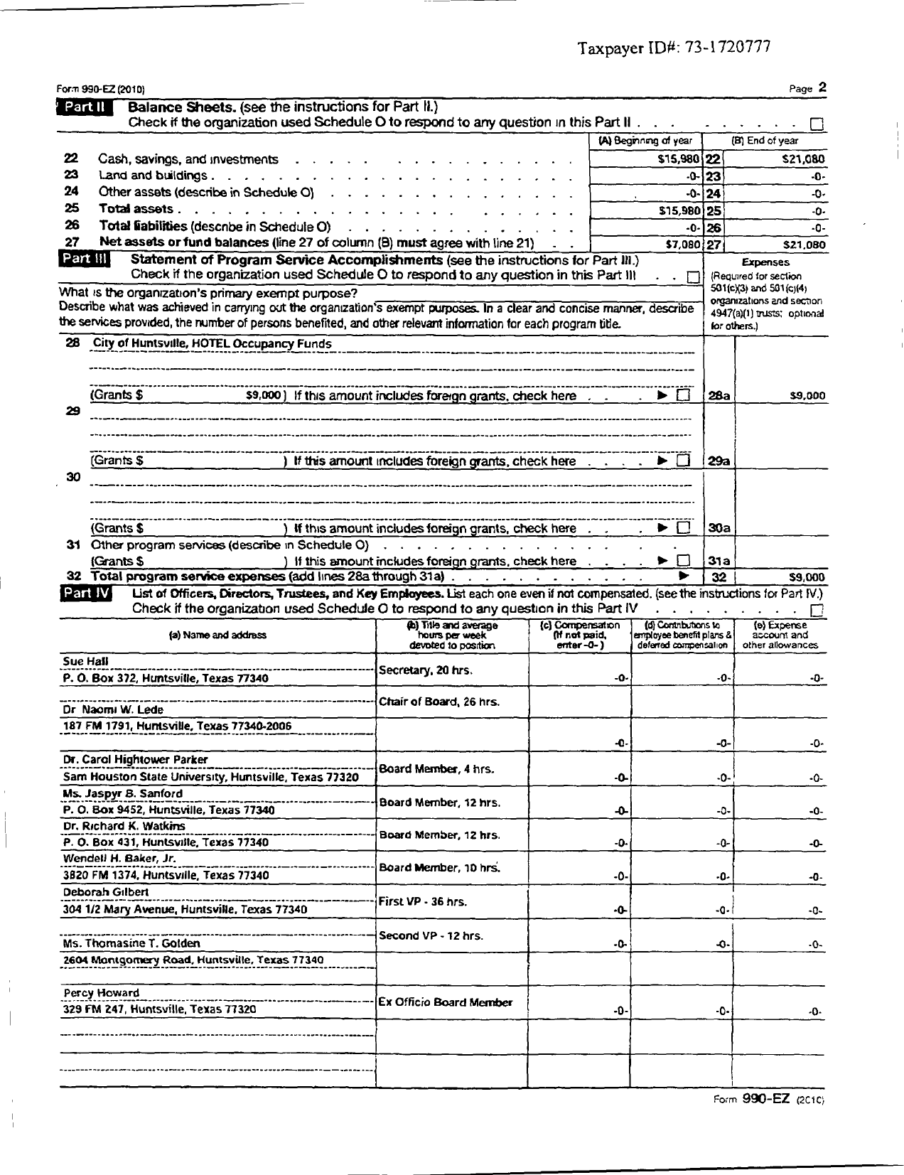 Image of first page of 2010 Form 990ER for Samuel Walker Houston Museum and Cultural Center