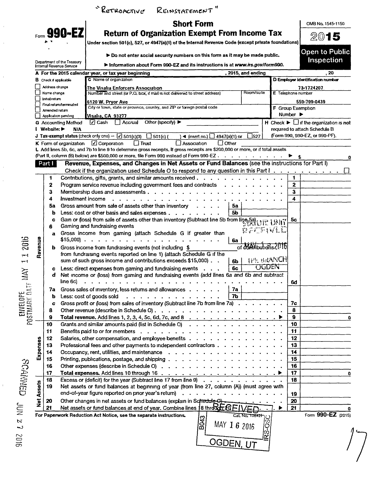 Image of first page of 2015 Form 990EZ for Visalia Enforcers Association