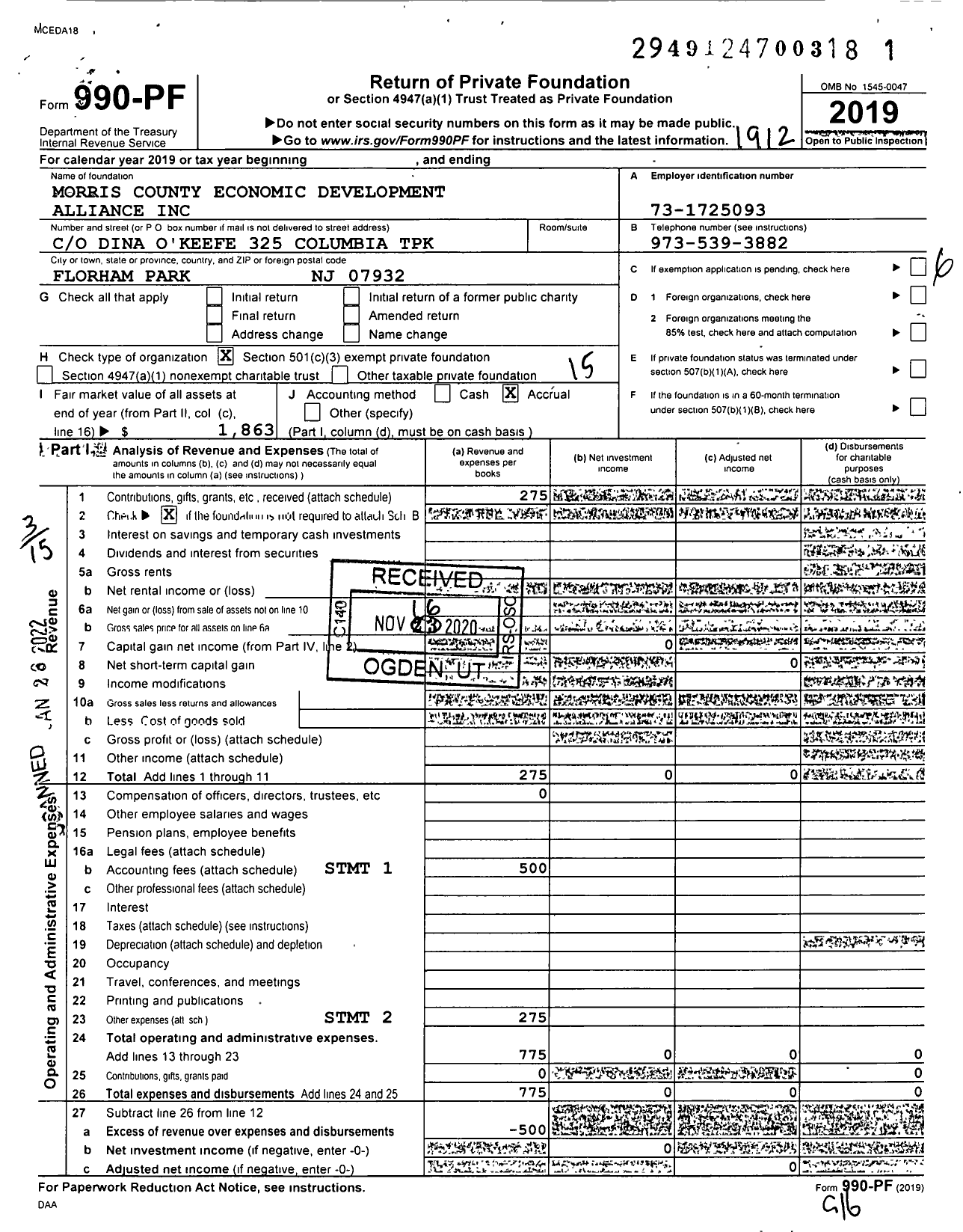 Image of first page of 2019 Form 990PF for Morris County Economic Development Alliance