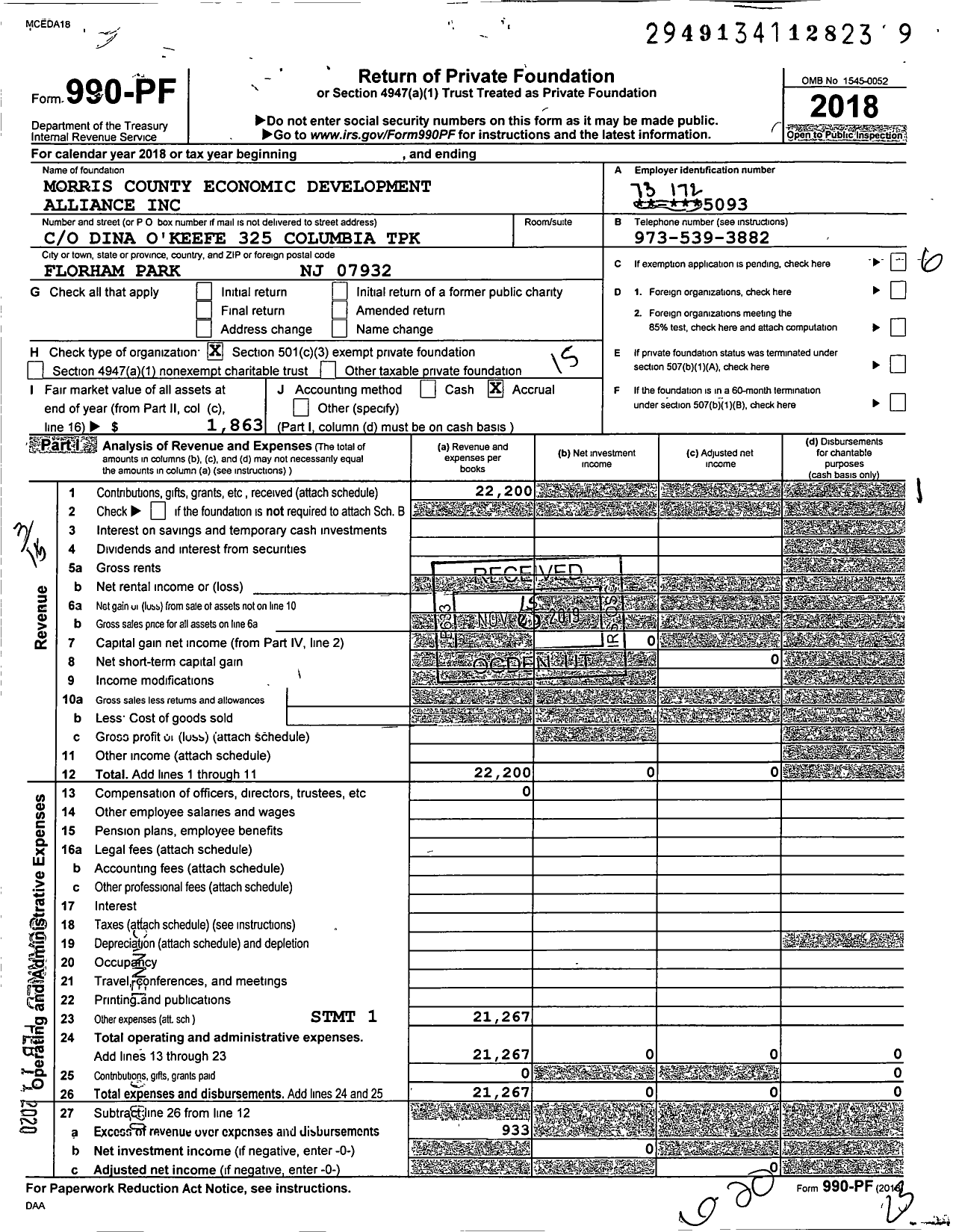 Image of first page of 2018 Form 990PF for Morris County Economic Development