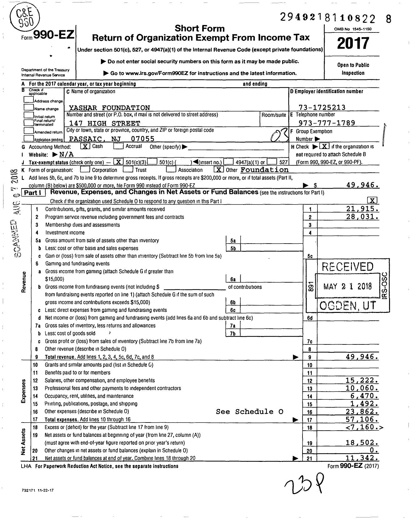 Image of first page of 2017 Form 990EZ for Yashar Foundation