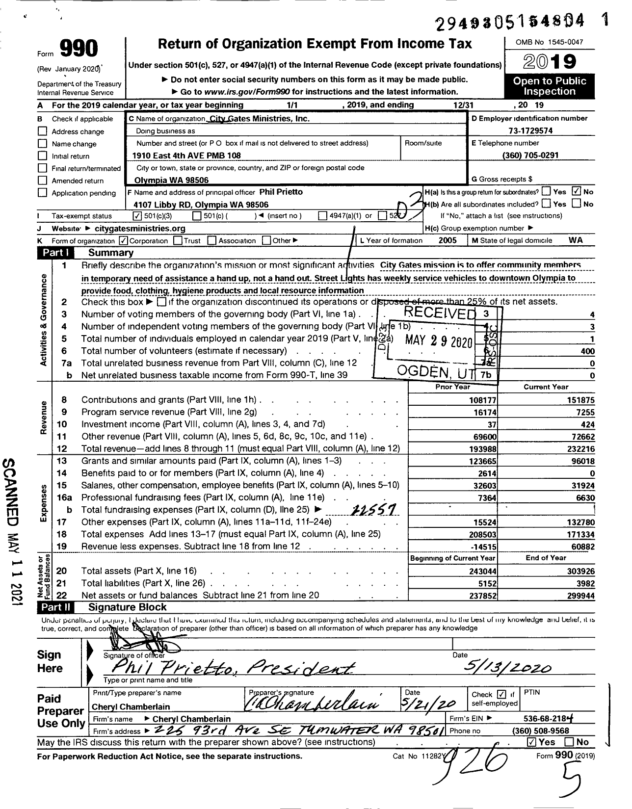Image of first page of 2019 Form 990 for City Gates Ministries