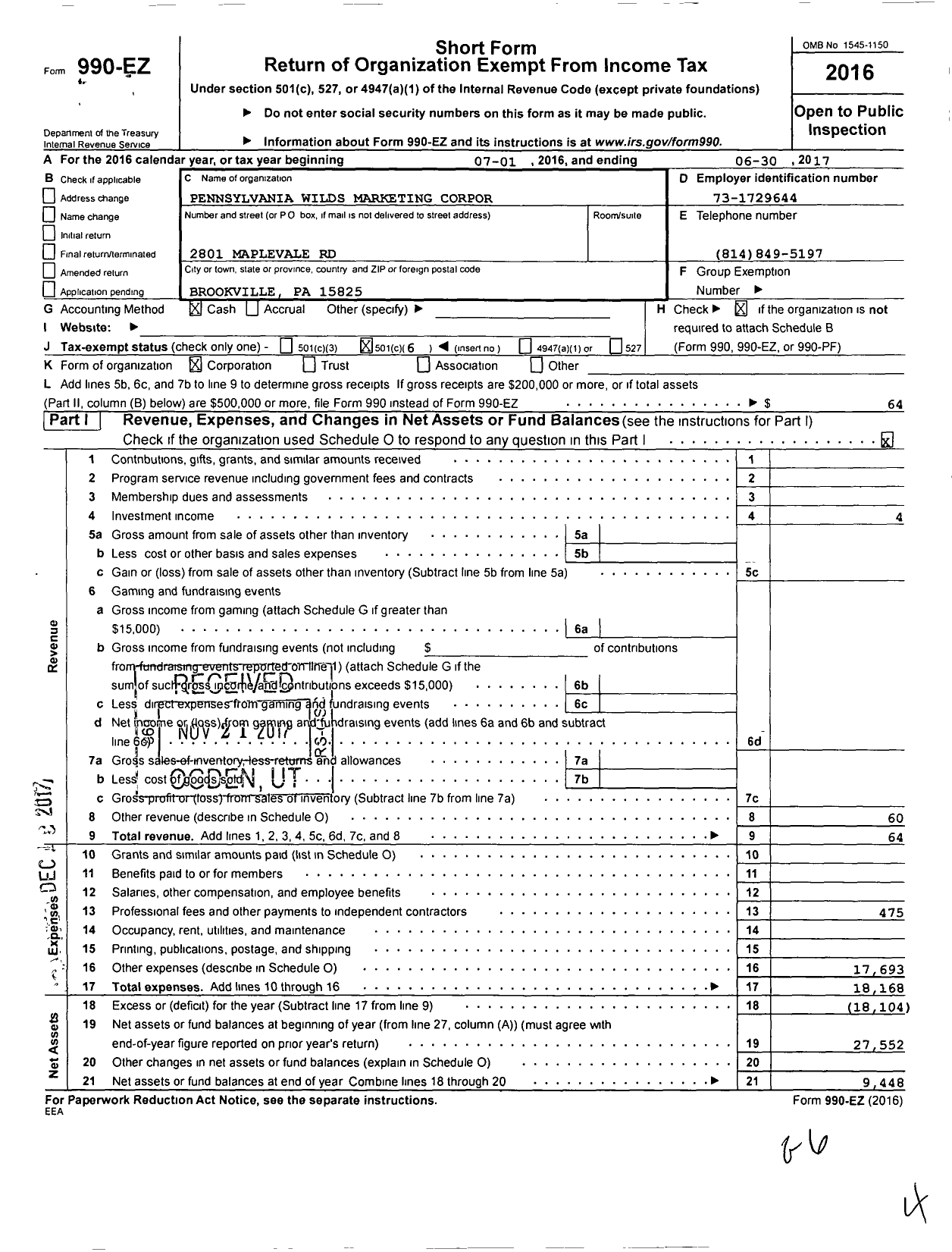 Image of first page of 2016 Form 990EO for Pennsylvania Wilds Marketing Corporation