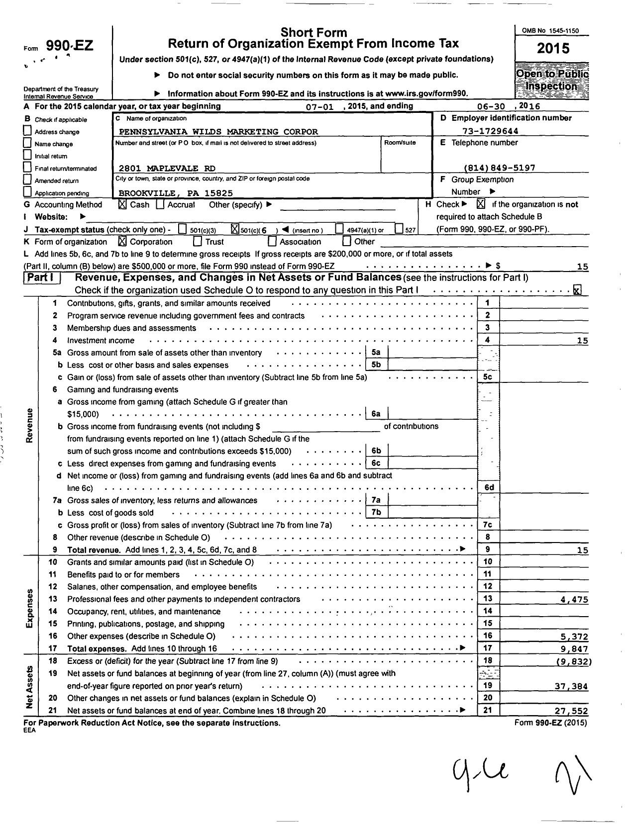 Image of first page of 2015 Form 990EO for Pennsylvania Wilds Marketing Corporation