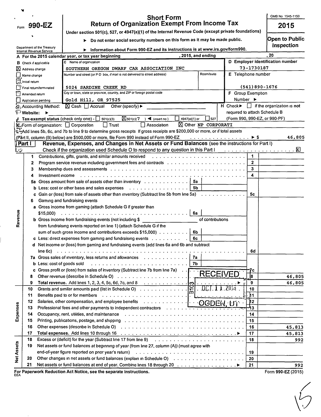 Image of first page of 2015 Form 990EO for Southern Oregon Dwarf Car Association