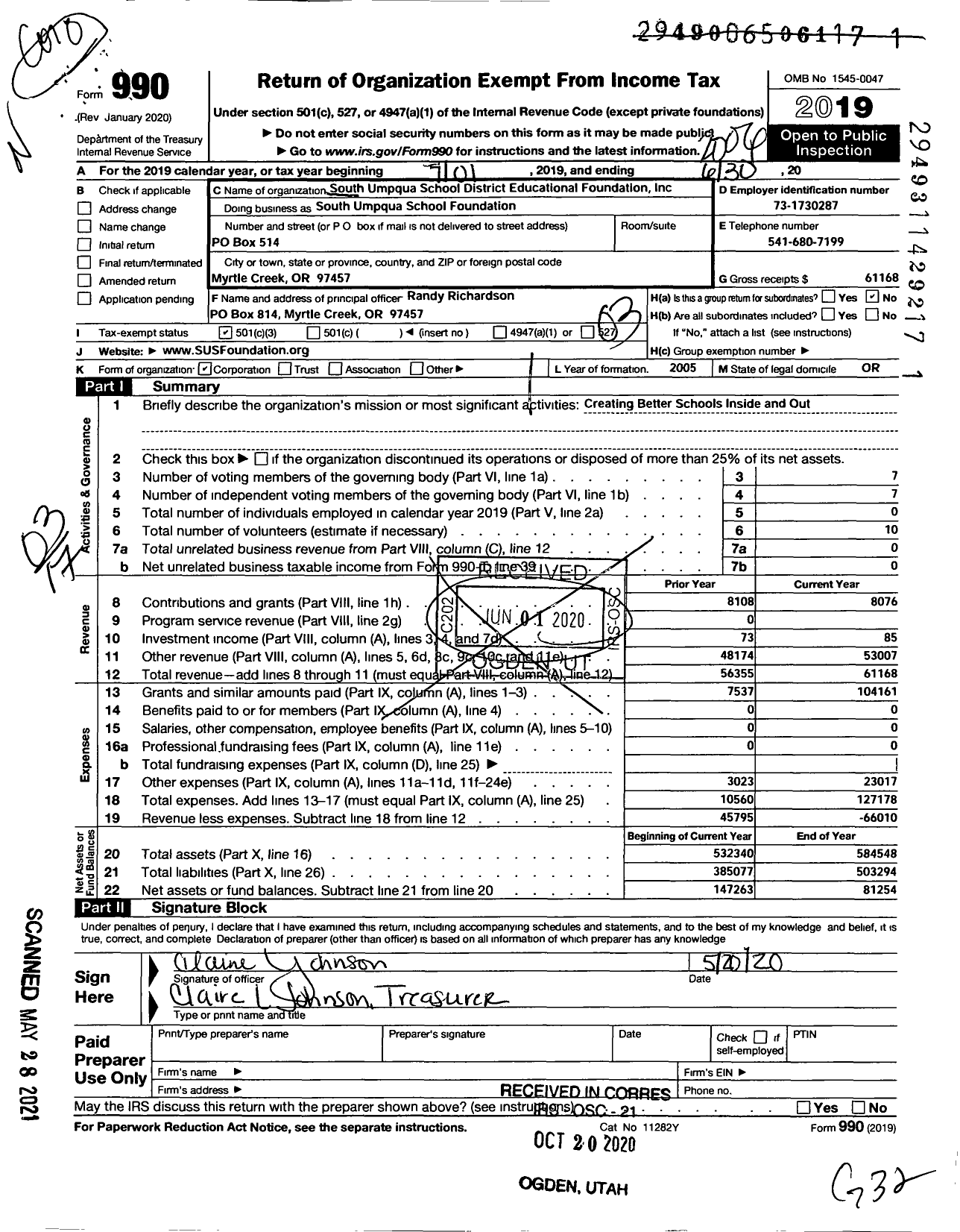 Image of first page of 2019 Form 990 for South Umpqua School District Educational Foundation