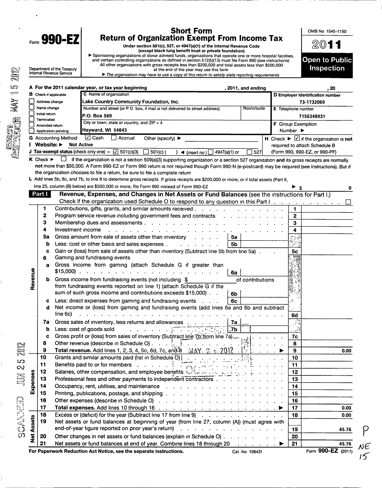 Image of first page of 2011 Form 990EZ for Namekagon Community Foundation