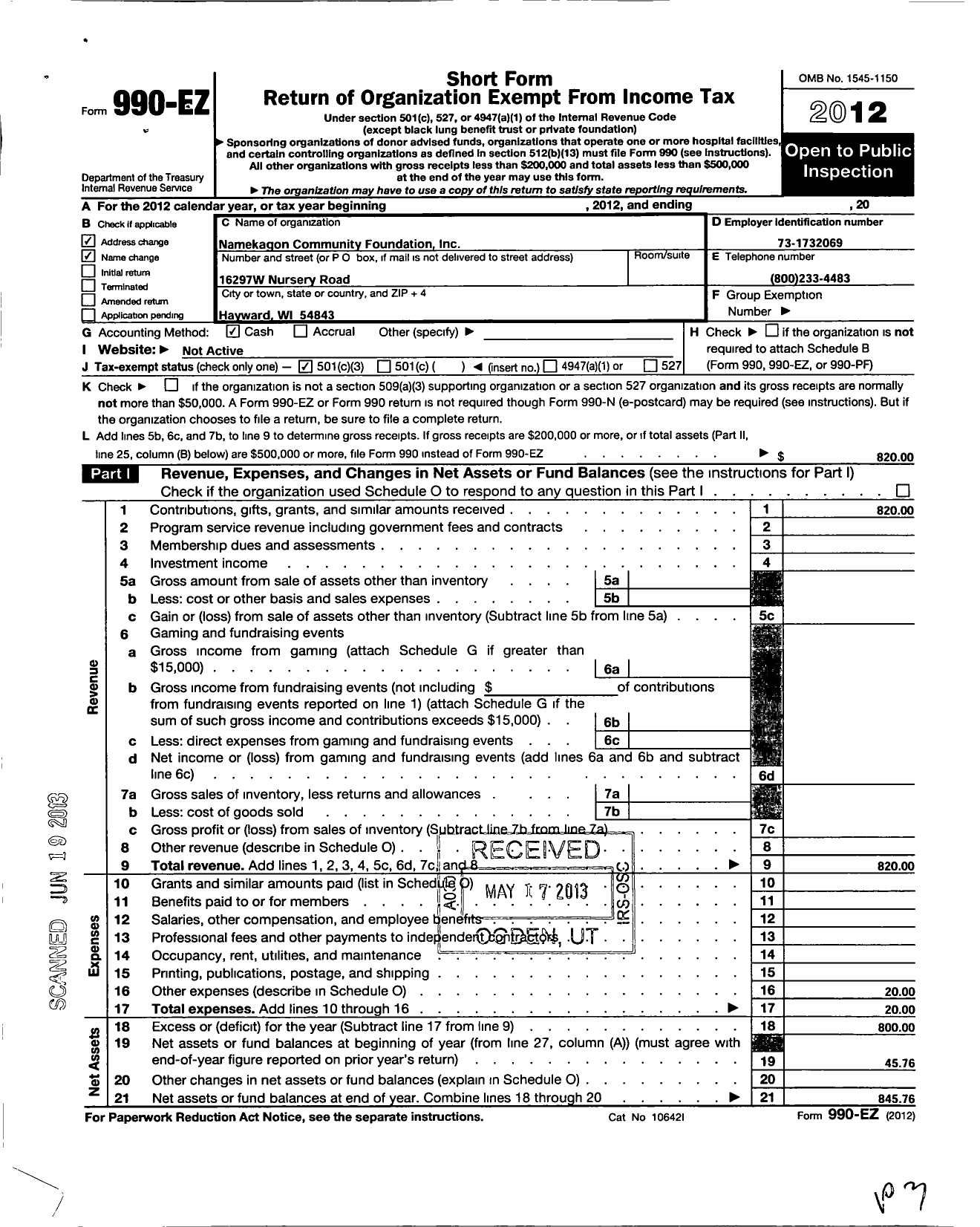 Image of first page of 2012 Form 990EZ for Namekagon Community Foundation