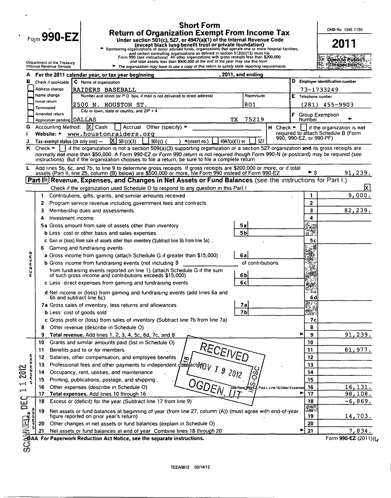 Image of first page of 2011 Form 990EZ for Raiders Baseball