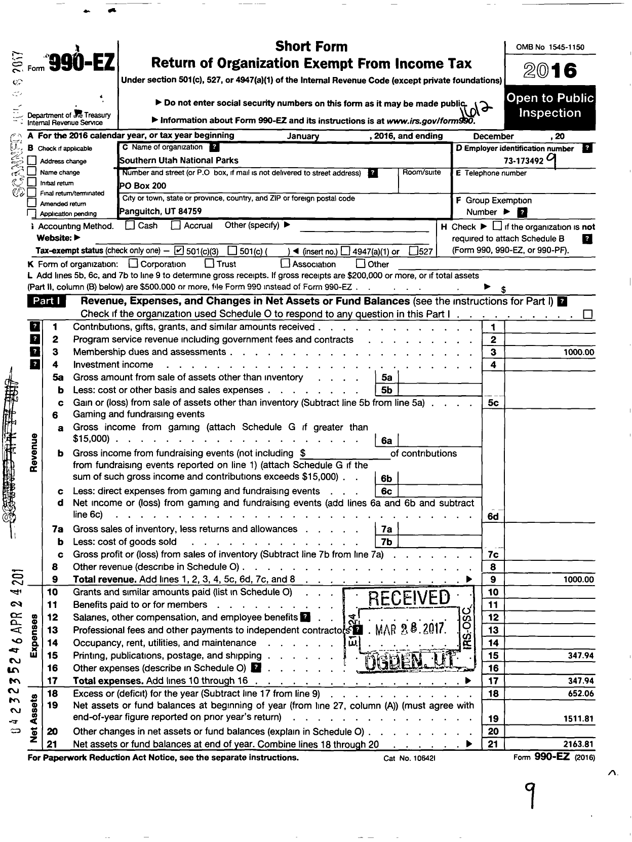 Image of first page of 2016 Form 990EZ for Southern Utah National Parks Advertising Coalition