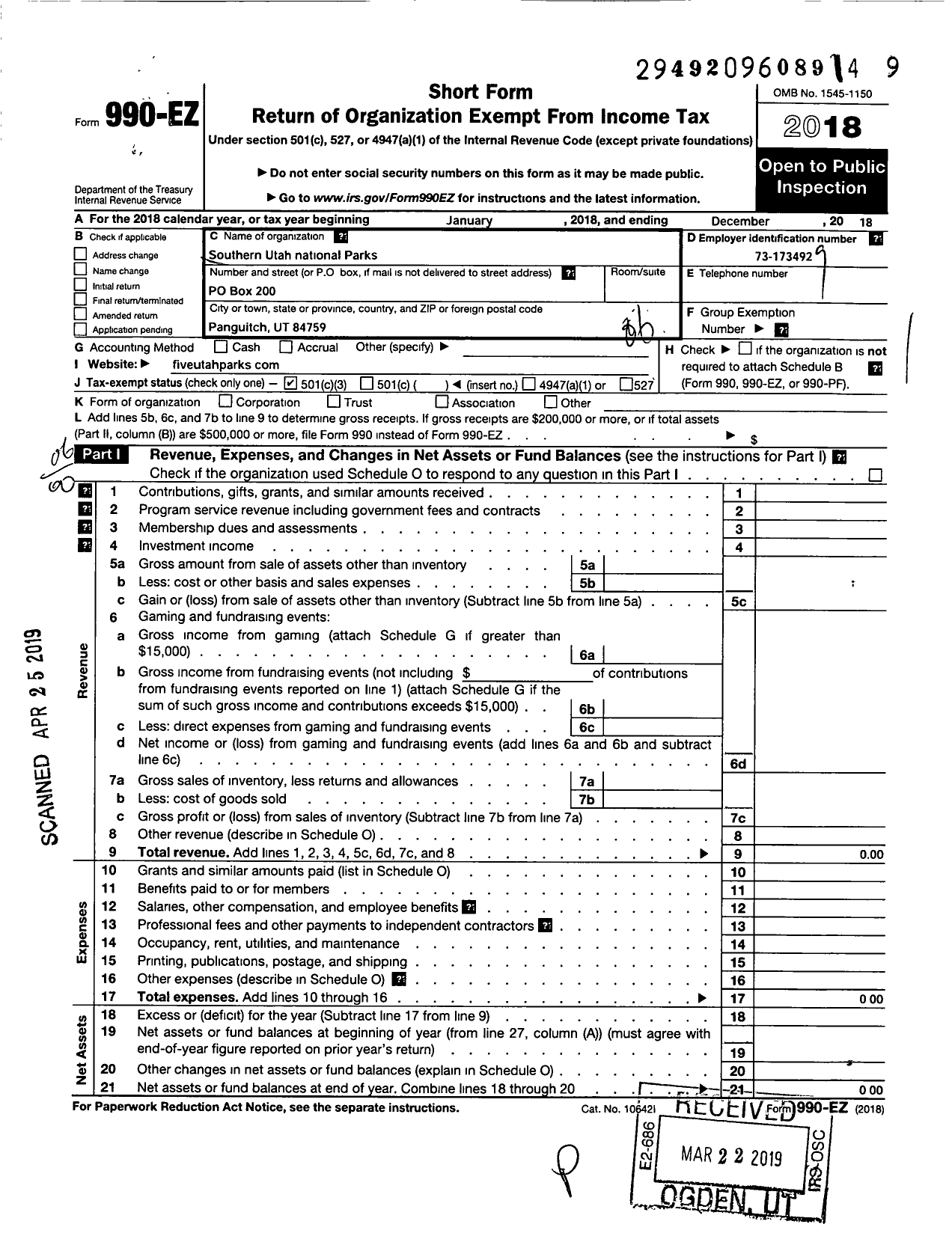 Image of first page of 2018 Form 990EO for Southern Utah National Parks Advertising Coalition