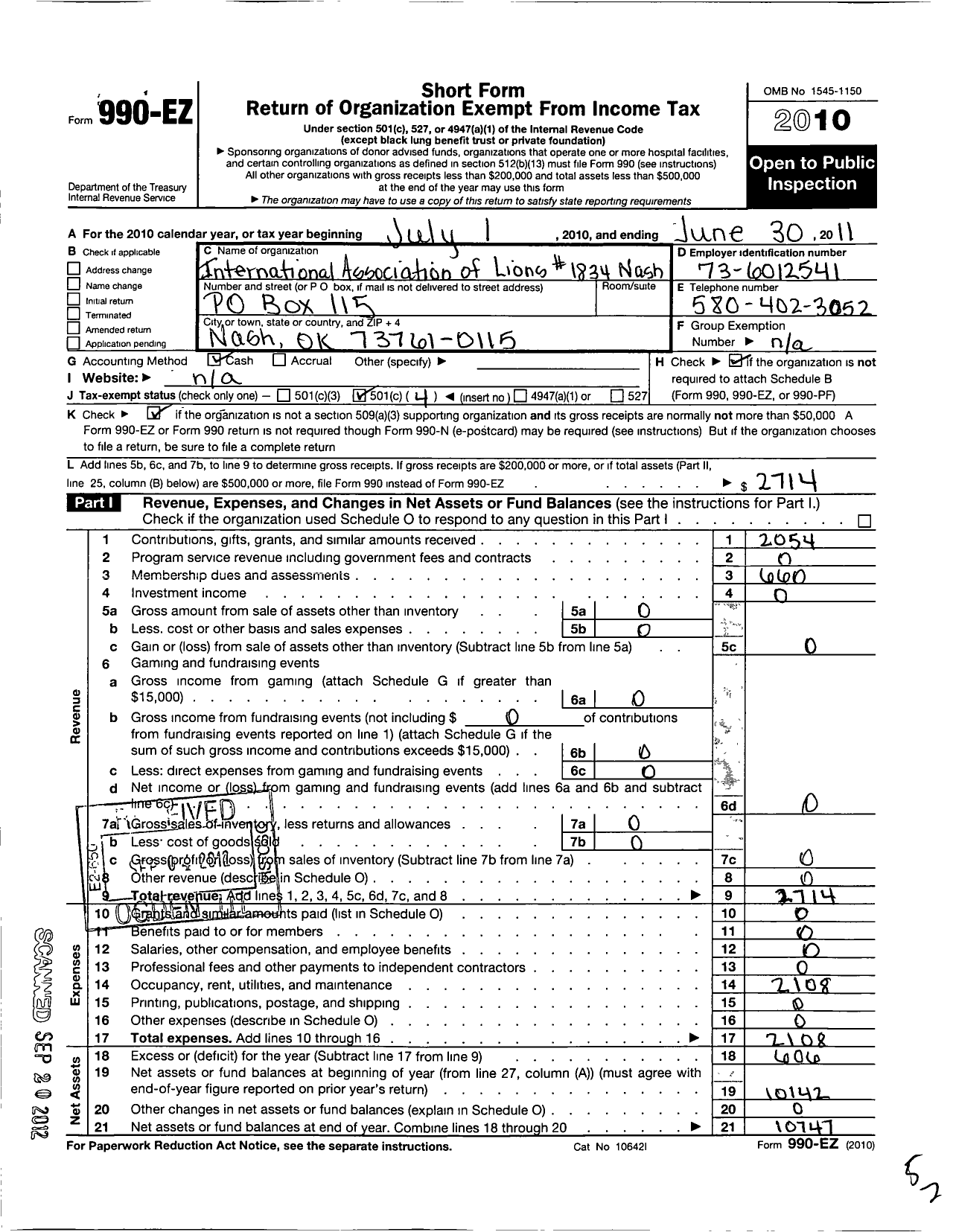 Image of first page of 2010 Form 990EO for Lions Clubs - 1834 Nash