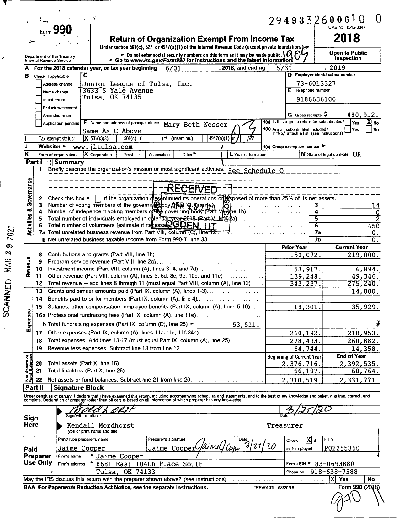 Image of first page of 2018 Form 990 for Junior League of Tulsa