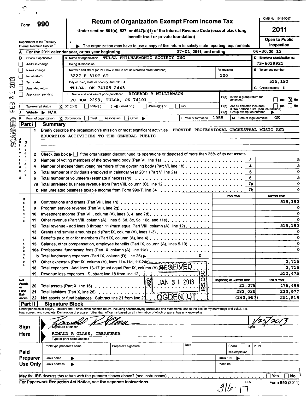 Image of first page of 2011 Form 990 for Tulsa Philharmonic Society