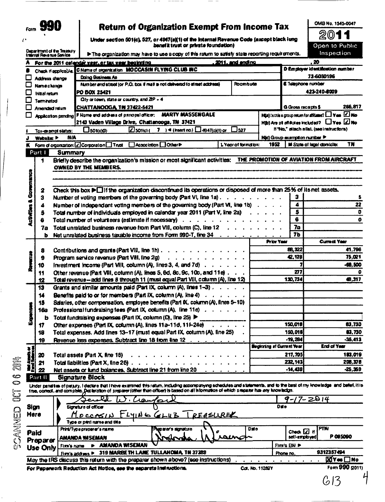 Image of first page of 2011 Form 990O for Moccasin Flying Club