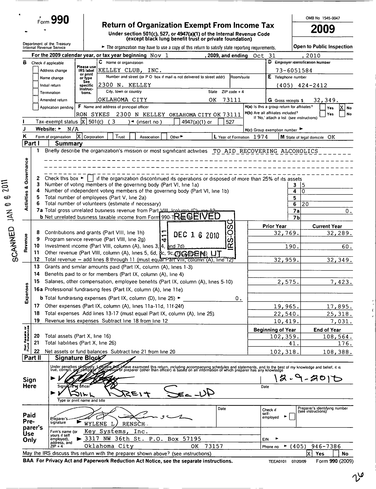 Image of first page of 2009 Form 990 for Kelley Club