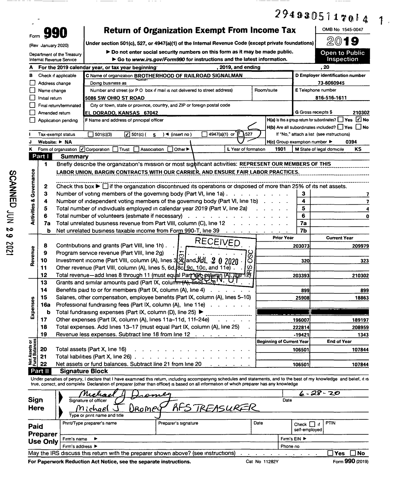 Image of first page of 2019 Form 990O for Brotherhood of Railroad Signalmen - 33 Midwest Local