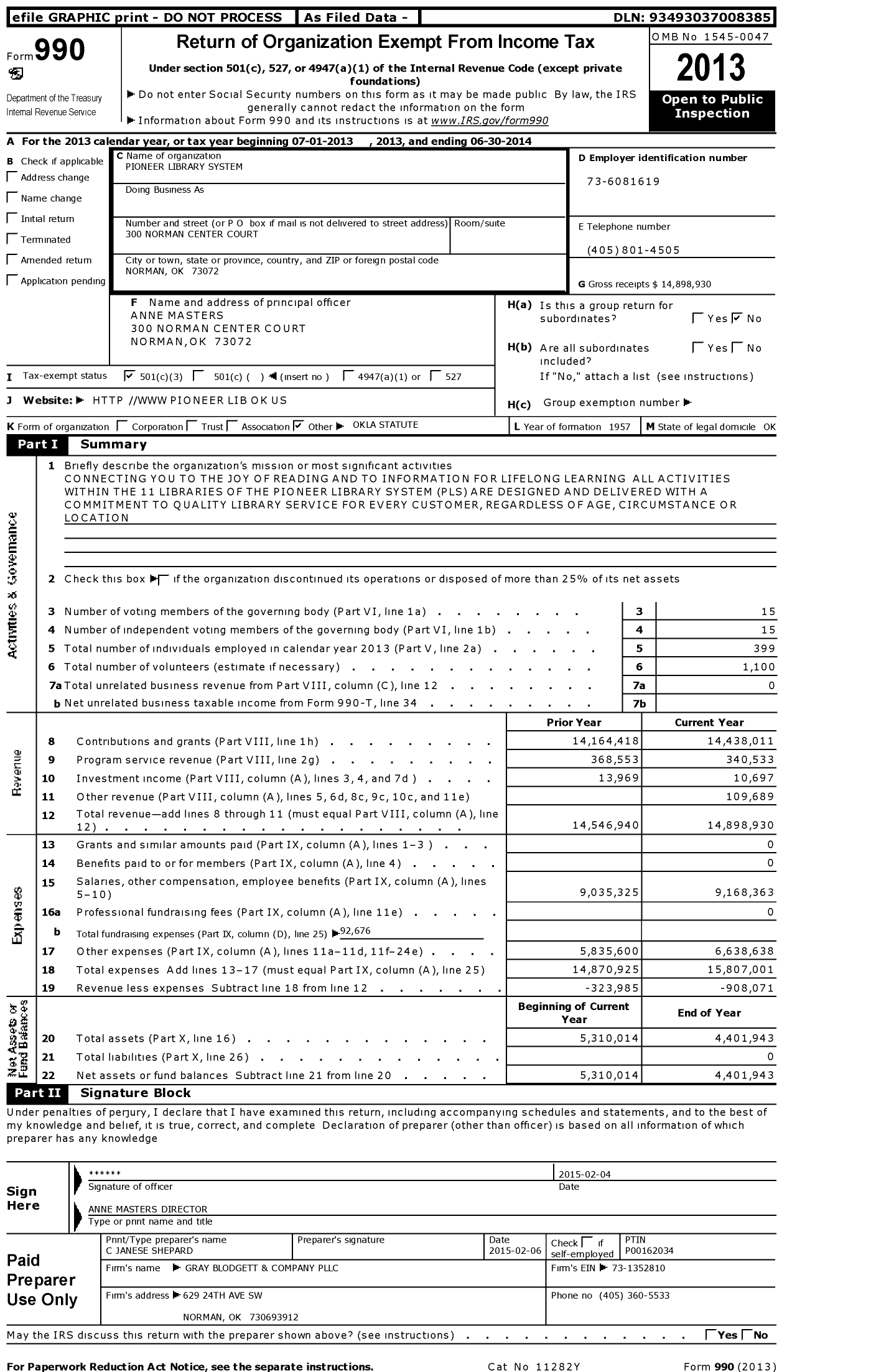 Image of first page of 2013 Form 990 for Pioneer Library System (PLS)