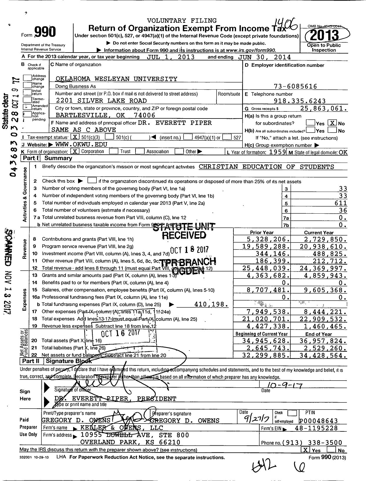 Image of first page of 2013 Form 990 for Oklahoma Wesleyan University (OKWU)