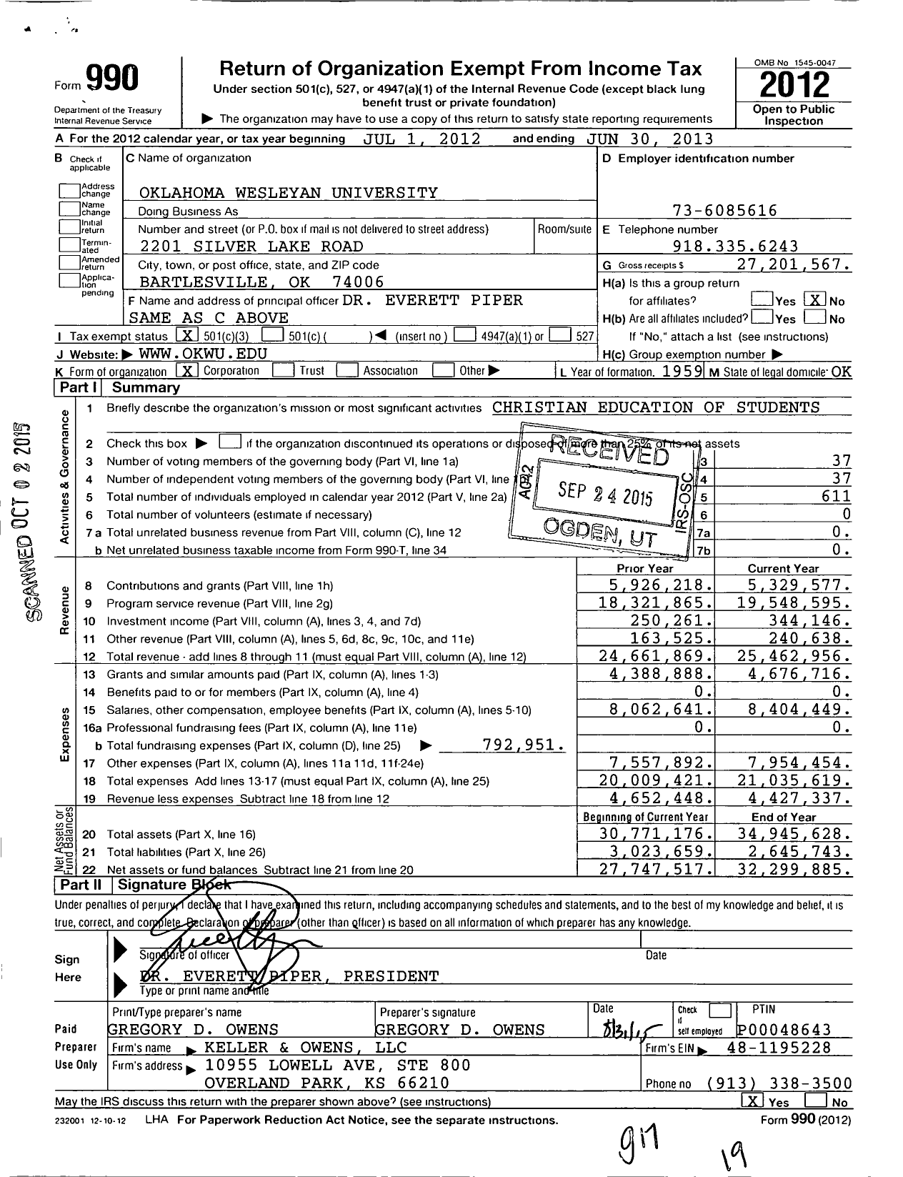 Image of first page of 2012 Form 990 for Oklahoma Wesleyan University (OKWU)