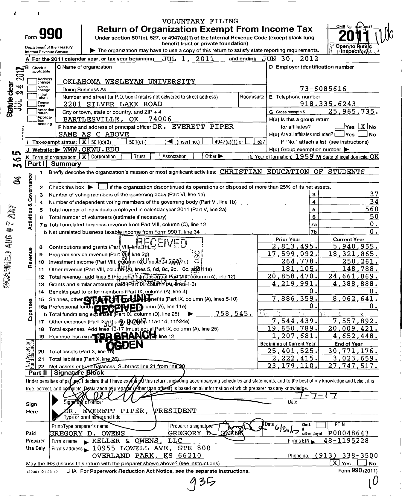 Image of first page of 2011 Form 990 for Oklahoma Wesleyan University (OKWU)