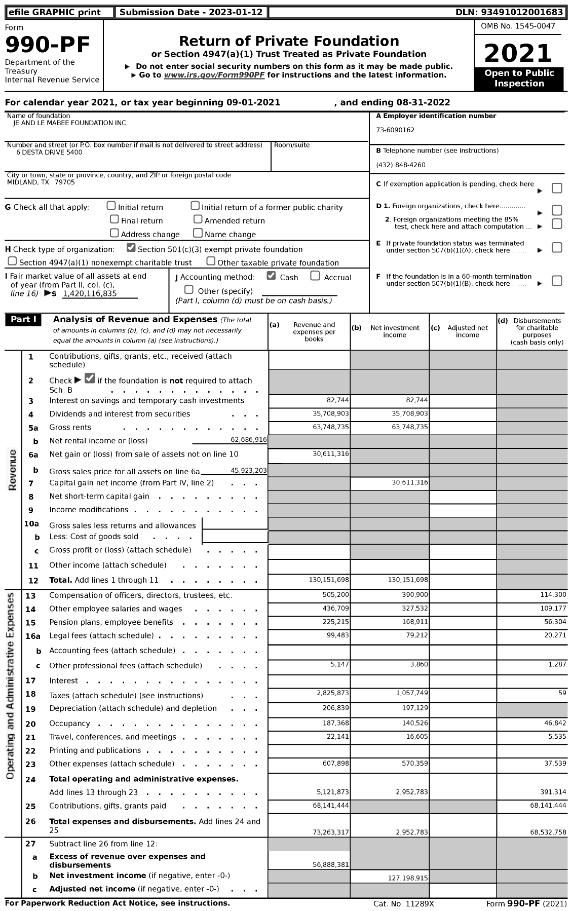 Image of first page of 2021 Form 990PF for JE and LE Mabee Foundation