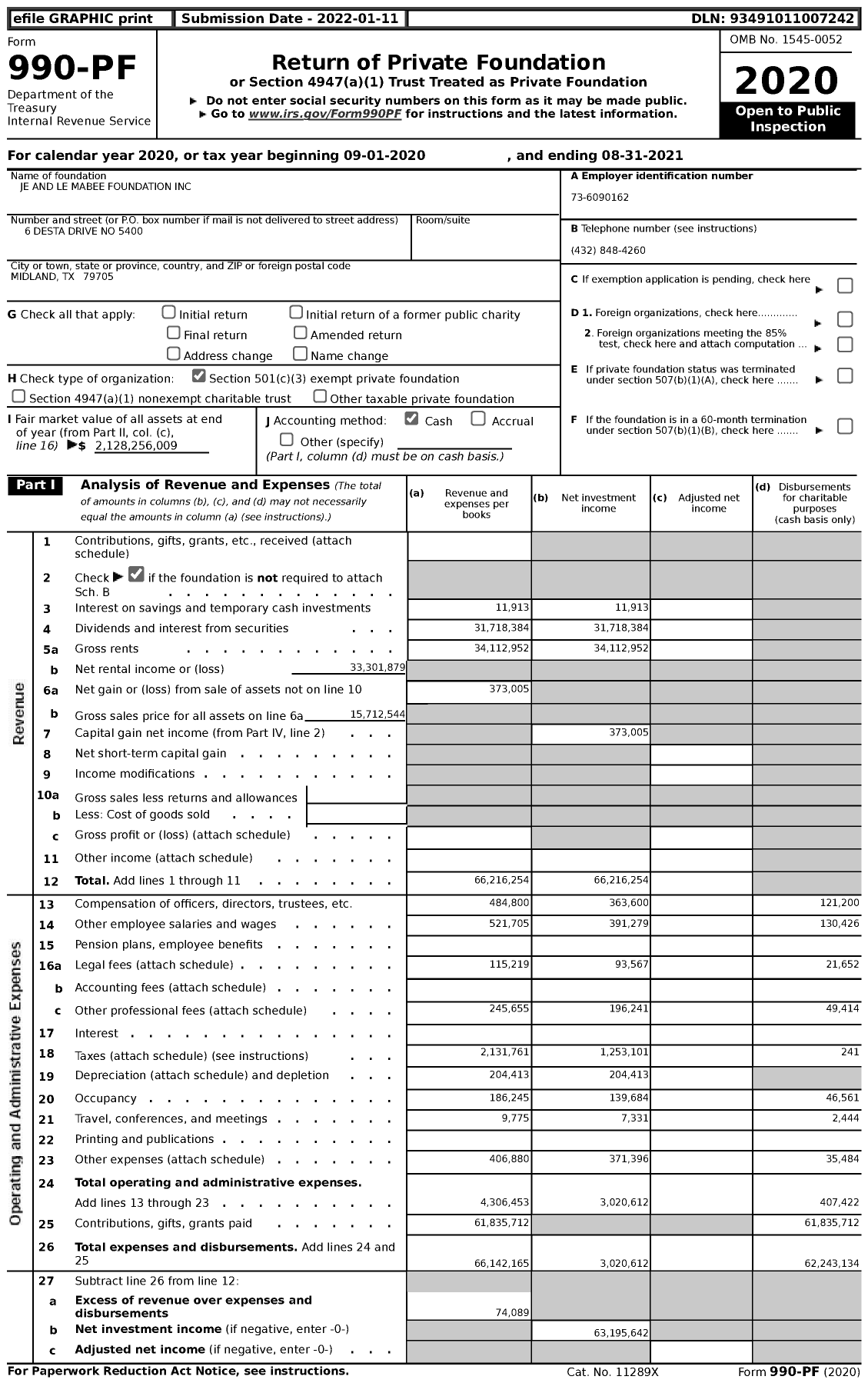 Image of first page of 2020 Form 990PF for JE and LE Mabee Foundation