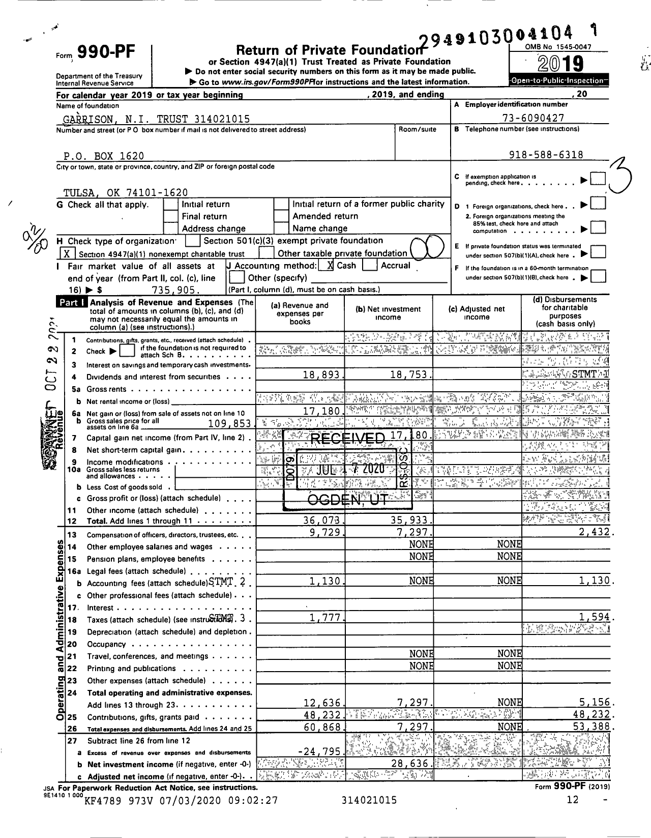 Image of first page of 2019 Form 990PF for Garrison Ni Trust XXX-XX-XXXX