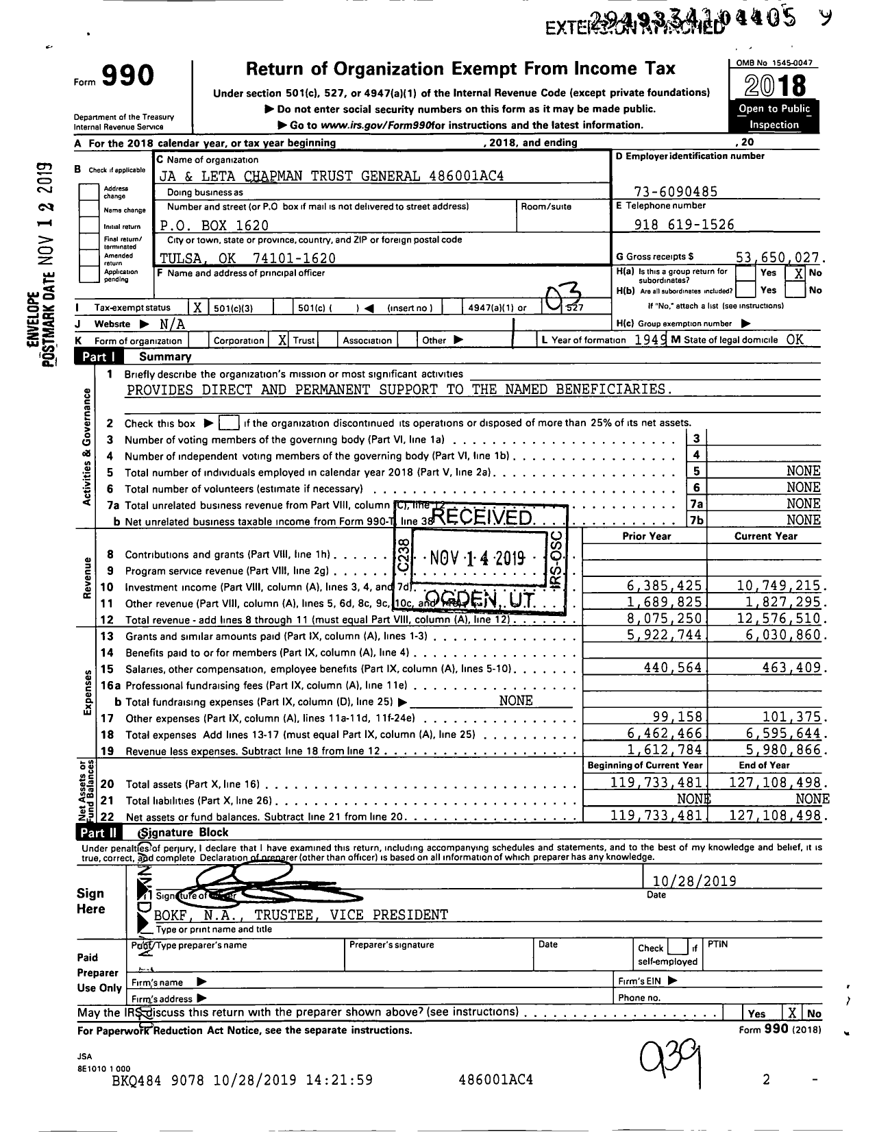 Image of first page of 2018 Form 990 for JA & Leta Chapman Trust General