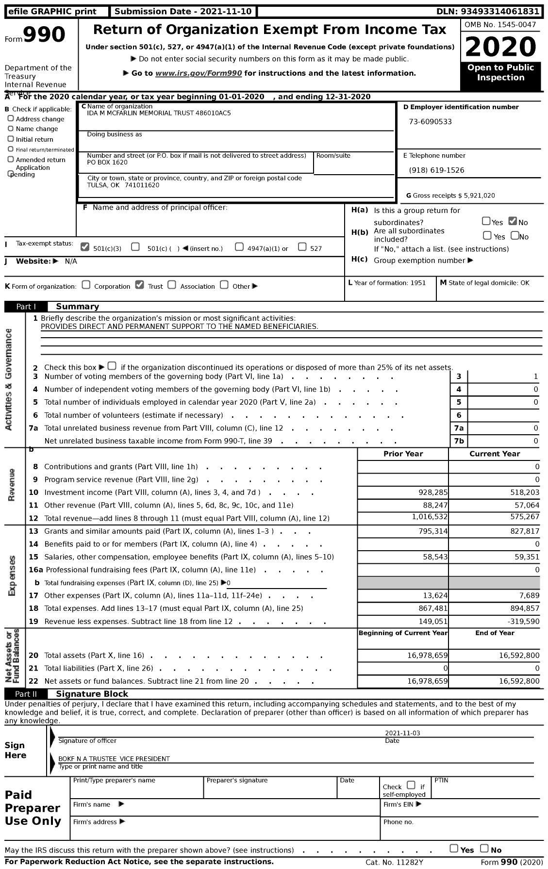 Image of first page of 2020 Form 990 for Ida M McFarlin Memorial Trust 486010AC5