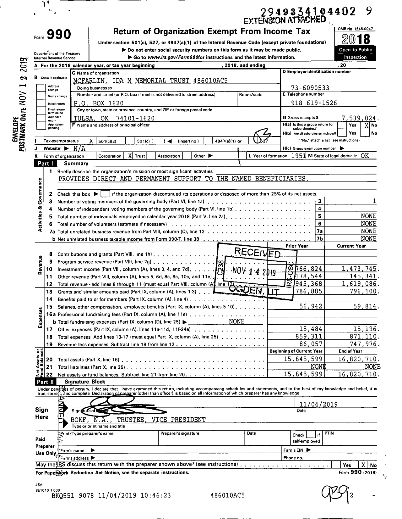 Image of first page of 2018 Form 990 for Ida M McFarlin Memorial Trust 486010AC5