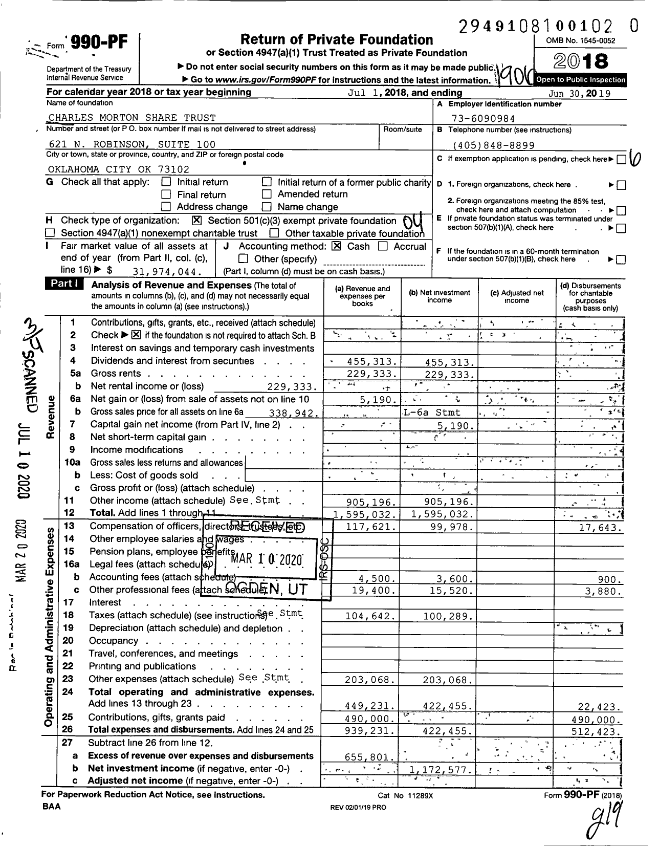 Image of first page of 2018 Form 990PR for Charles Morton Share Trust