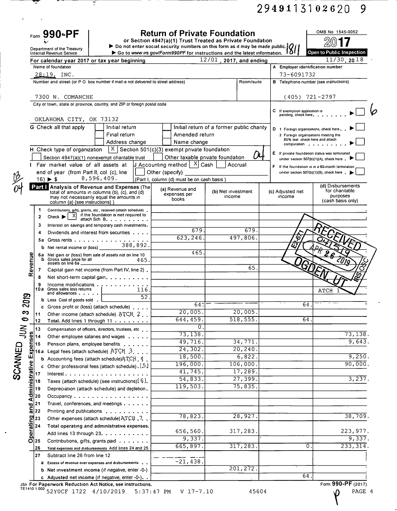 Image of first page of 2017 Form 990PF for 2819 Inc